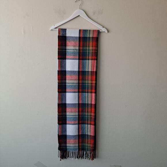 J. Crew Red Green & Beige Plaid Rectangular Scarf with Fringes - Size 25" x 77" - Picture 7 of 16